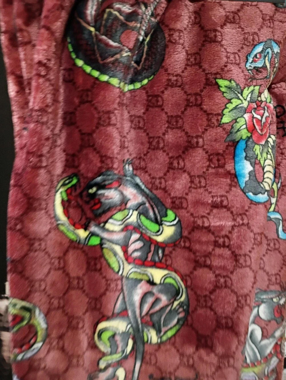 Ed Hardy Burgundy Plush Throw with Multicolor Tattoo Motif
